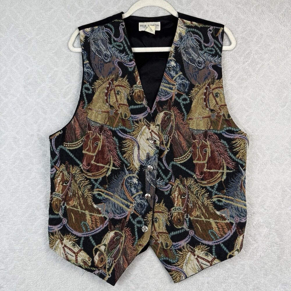 Vtg Billie Martin Horse Tapestry Vest Womens XL Equestrian Rodeo Cowgirl Western
